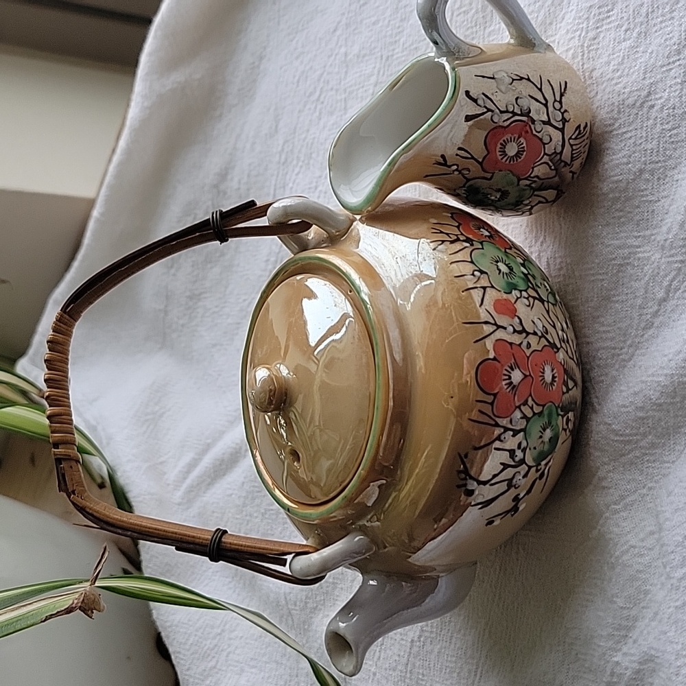 Vintage Japanese Hand Painted Floral Teapot And Pitcher.  Bamboo Handle.
